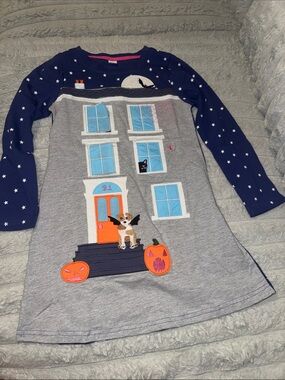 Taylor Navy and Gray Halloween House Dress with Orange Pumpkin Accents
